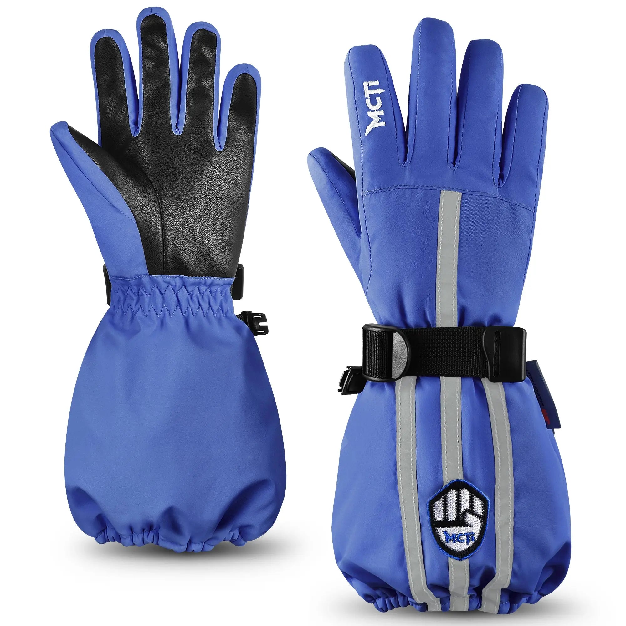 MCTi Kids Waterproof Ski Gloves: Fleece Lined, Reflective Strap S / Blue