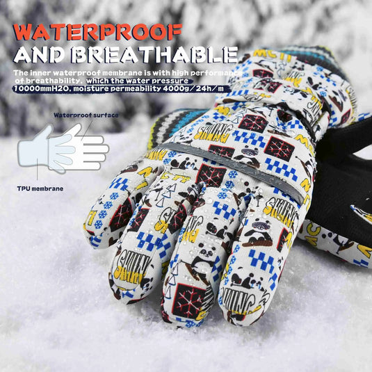 MCTi Kids Ski Gloves - Waterproof Snow Gloves with Long Knitted Cuff Skiing Panda / XS